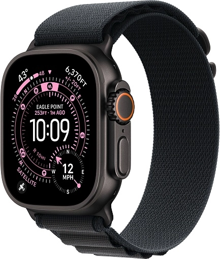 Apple Watch Ultra 3 49 мм, корпус из черного титана, ремешок Alpine черного цвета, размер S